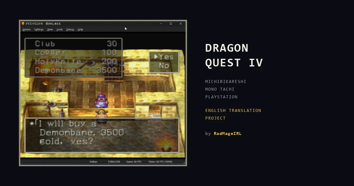 Dragon Quest IV in English on PlayStation: a shopkeeper asks "I will buy a Demonbane. 3500 gold, yes?"